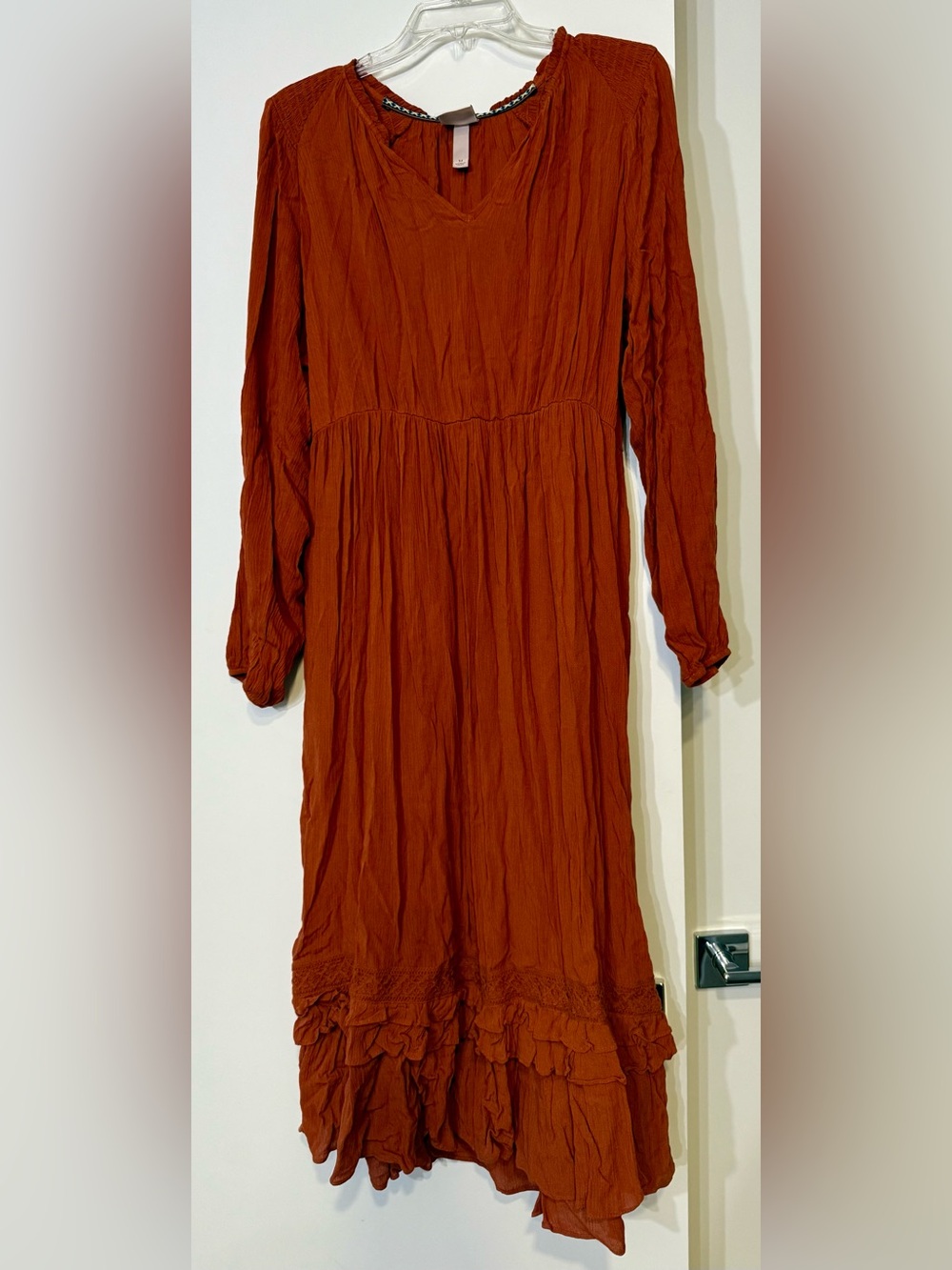 Women's Rust Orange Long Sleeve Ruffle-Hem Midi Dress